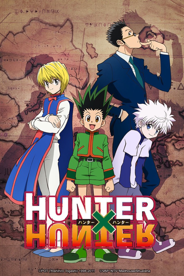 Protagonistas de HxH: Kurapika (izq.), Gon (centro), Leorio (der., traje azul), Killua (der.).