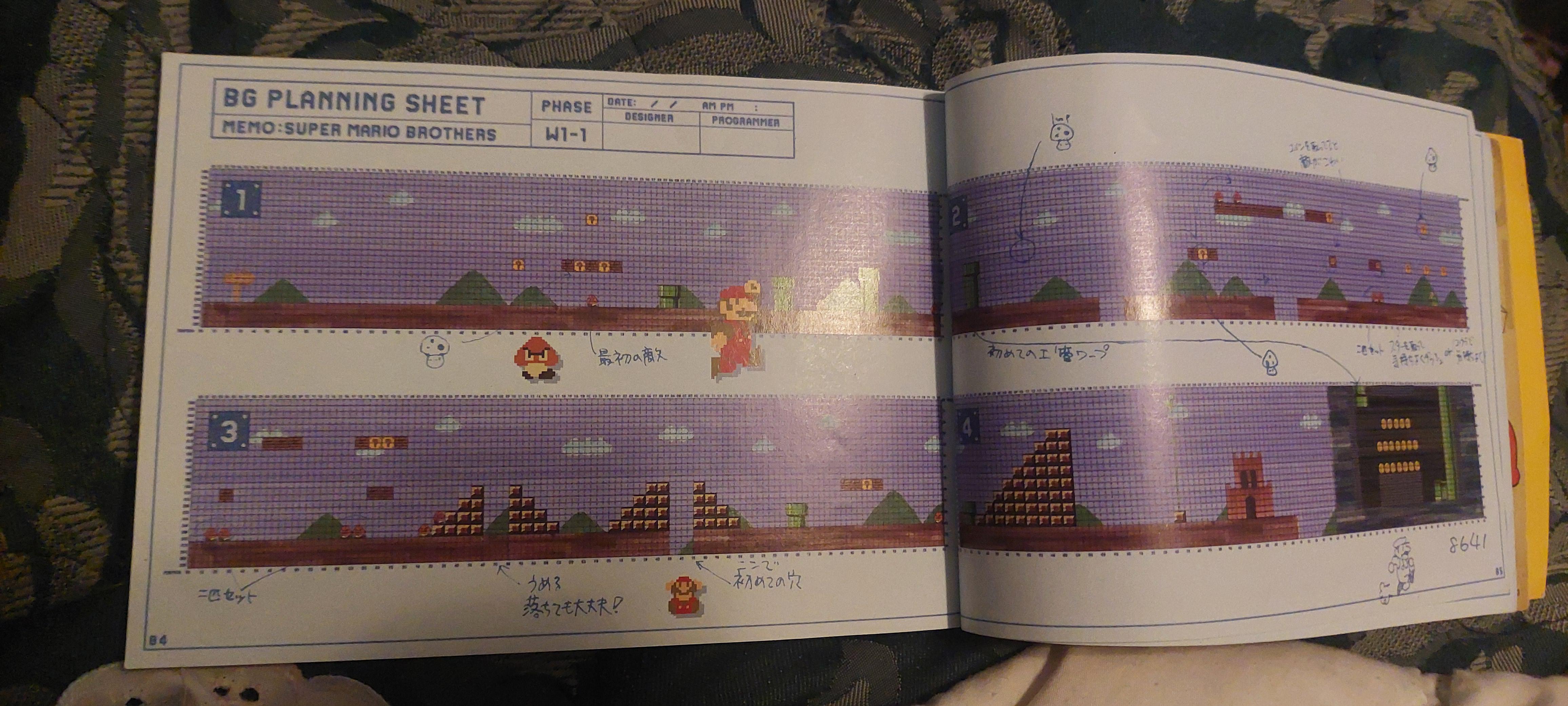 Figura 2: Los niveles de Super Mario Bros. de NES se diseñaban en papel. La estructura de los niveles está inspirada por la estructura kishōtenketsu, en tanto un nivel debe incorporar un elemento nuevo que le muestre nuevas mecánicas a quien está jugando. Fuente: https://www.reddit.com/r/MarioMaker/comments/1afguhn/graph_paper_to_draft_levels/.