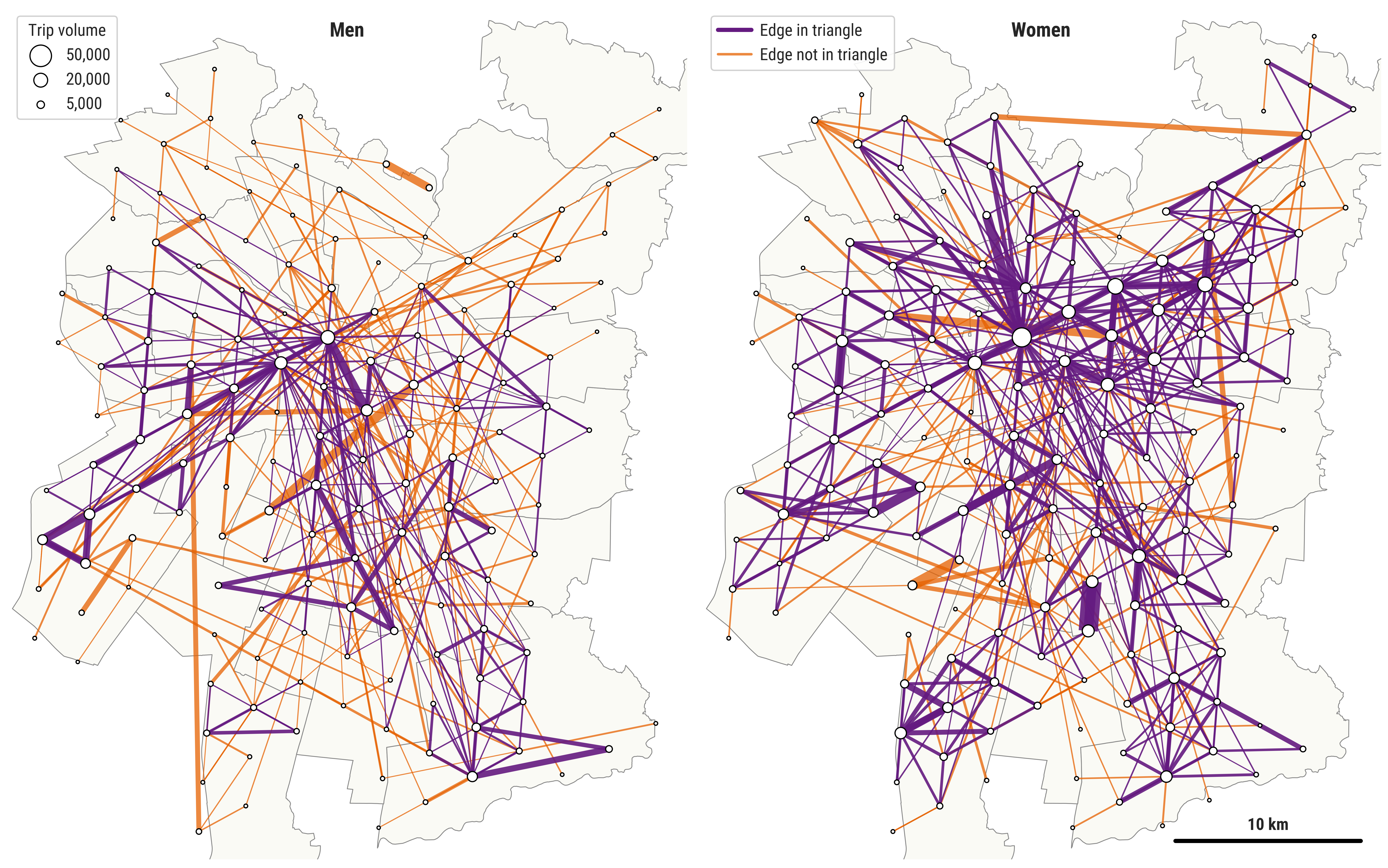 Dos mapas de Santiago lado a lado con la red de viajes de cuidado: hombres a la izquierda, mujeres a la derecha.