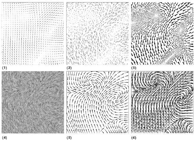 Formas de visualizar campos y flujos dentro de éstos. Fuente: R. Moorhead et al, &ldquo;<em>Visualization Research Challenges: A Report Summary</em>,&rdquo; in Computing in Science &amp; Engineering, vol. 8, pp. 66-73, 2006.